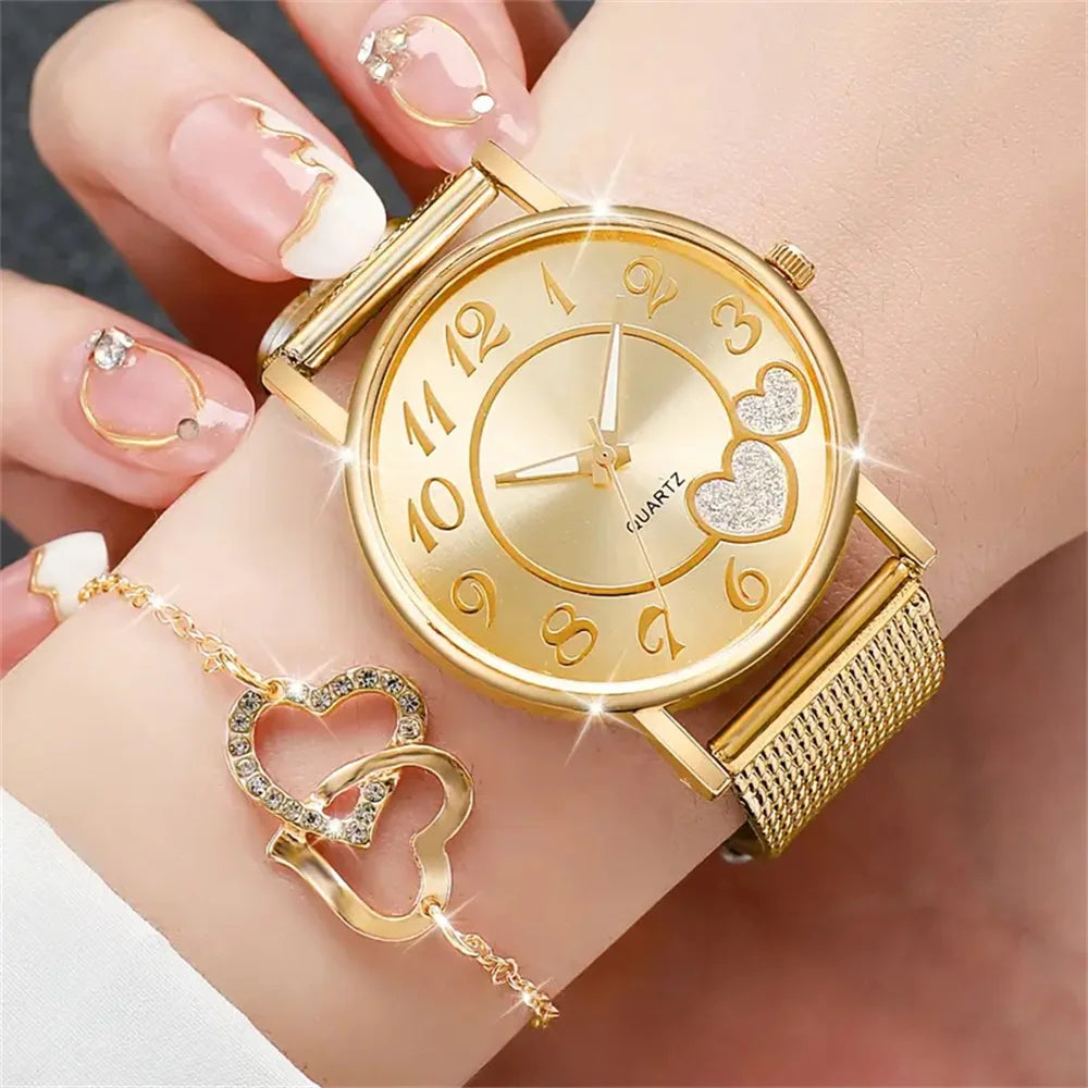 Ensemble montre femme cœur dorée quartz – Set 6 pièces