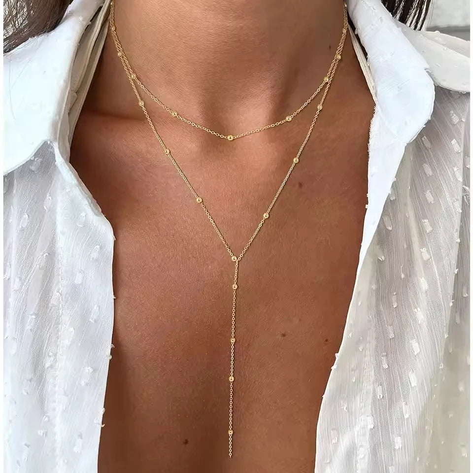 Collier lariat en acier inoxydable plaqué or – Pendentif goutte en Y