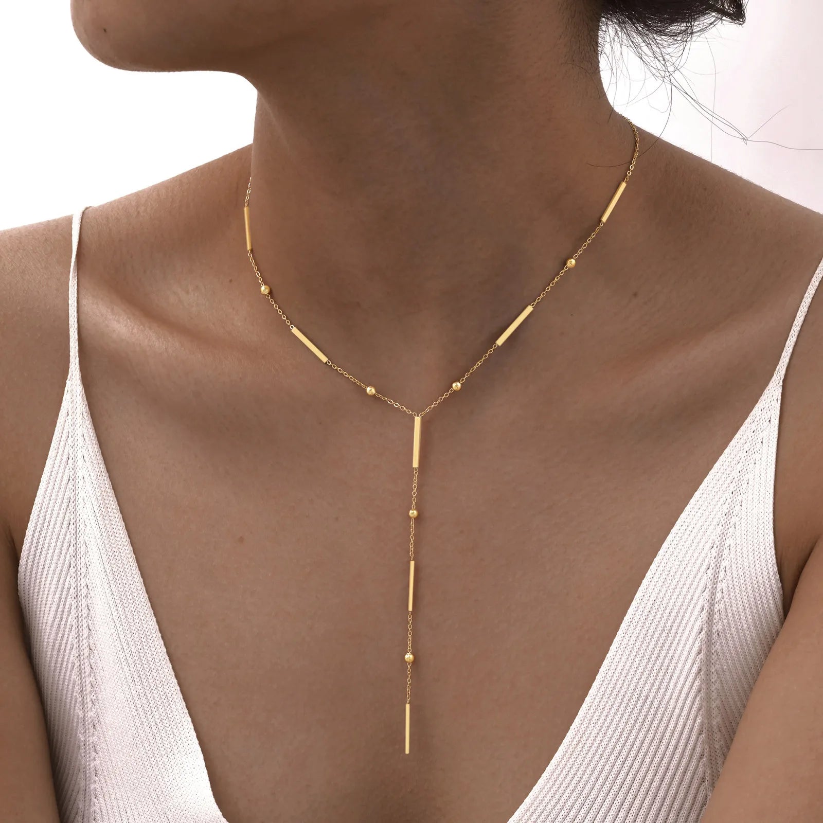 Collier lariat en acier inoxydable plaqué or – Pendentif goutte en Y