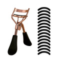 Recourbe-Cils Portable Acier Inoxydable - Set avec 15 Coussinets Silicone Extensions de Cils Noir & Or