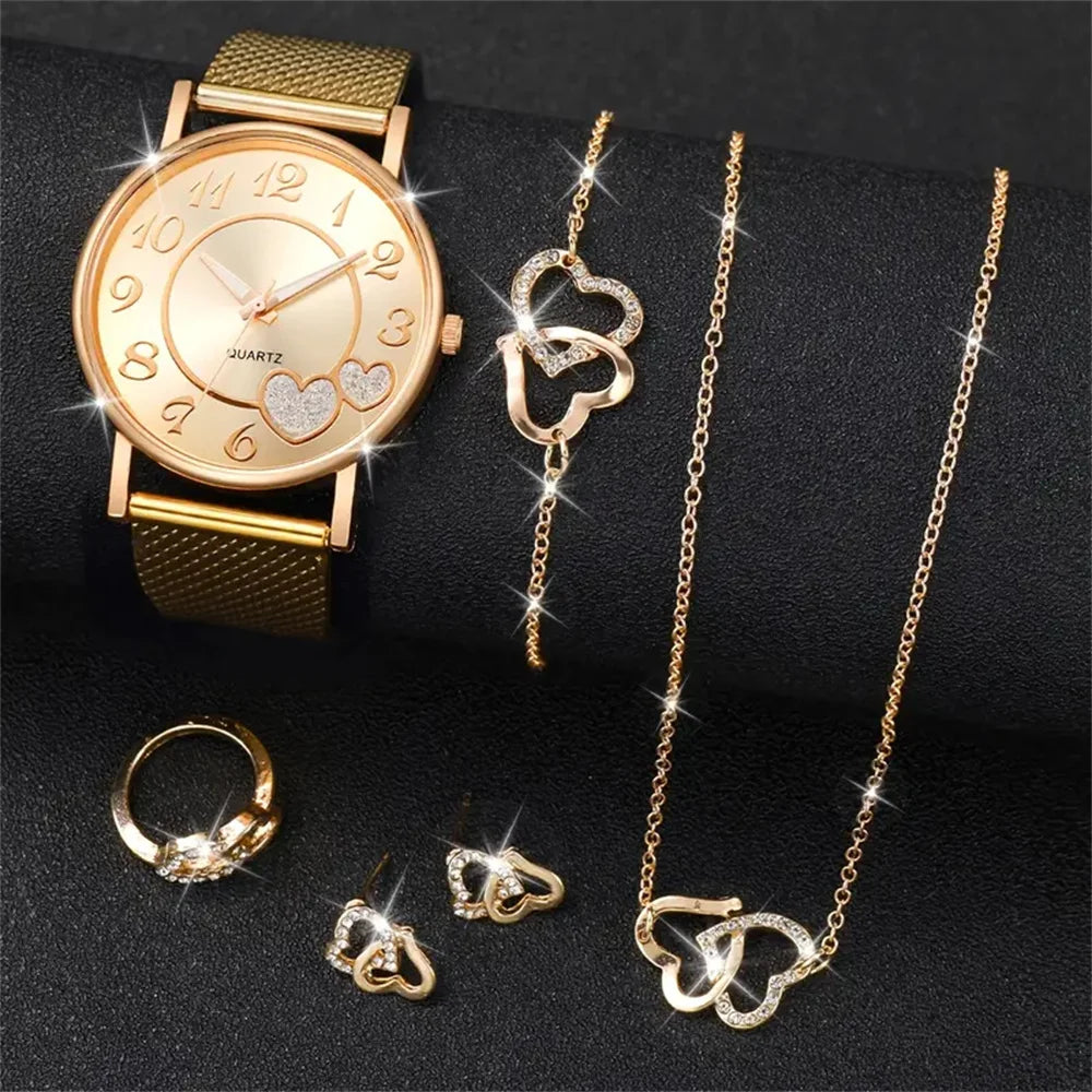 Ensemble montre femme cœur dorée quartz – Set 6 pièces