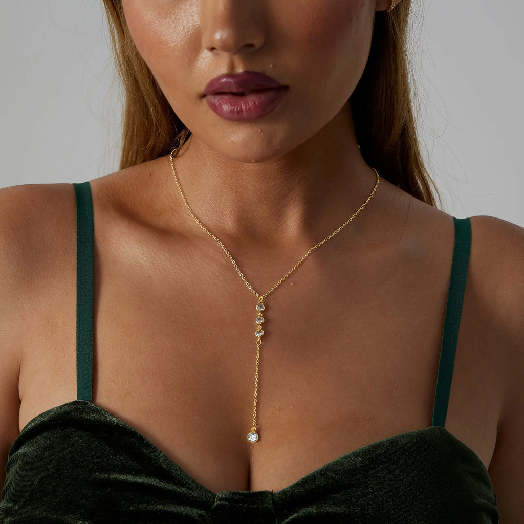 Collier lariat en acier inoxydable plaqué or – Pendentif goutte en Y