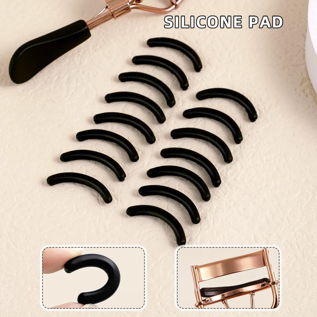 Recourbe-Cils Portable Acier Inoxydable - Set avec 15 Coussinets Silicone Extensions de Cils Noir & Or