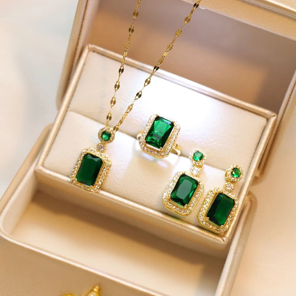 Ensemble bijoux 4 pièces strass carré – Collier, boucles d’oreilles et bague, cadeau mariée
