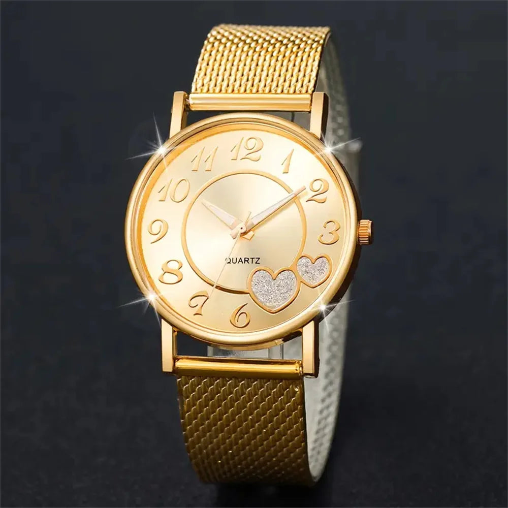 Ensemble montre femme cœur dorée quartz – Set 6 pièces