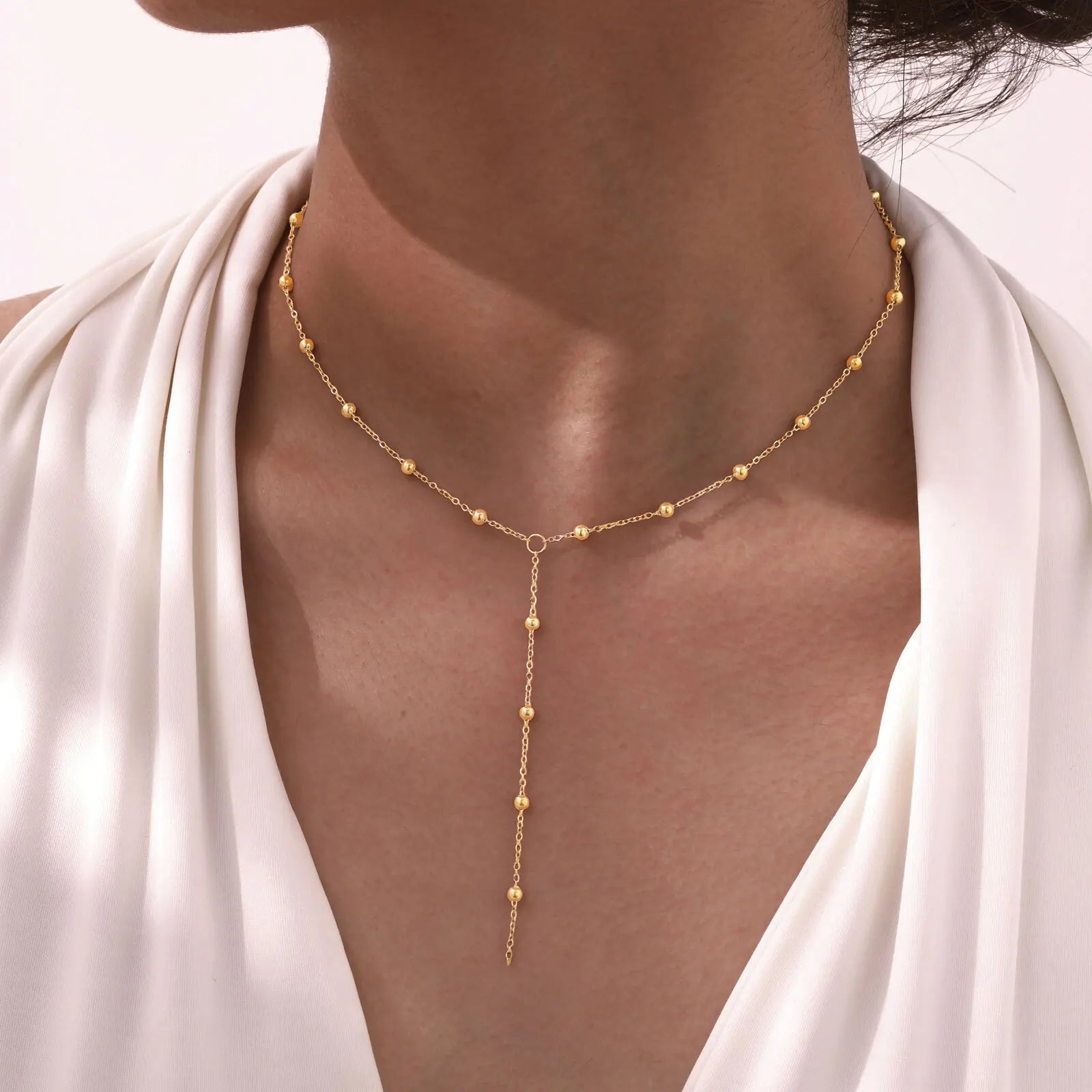 Collier lariat en acier inoxydable plaqué or – Pendentif goutte en Y