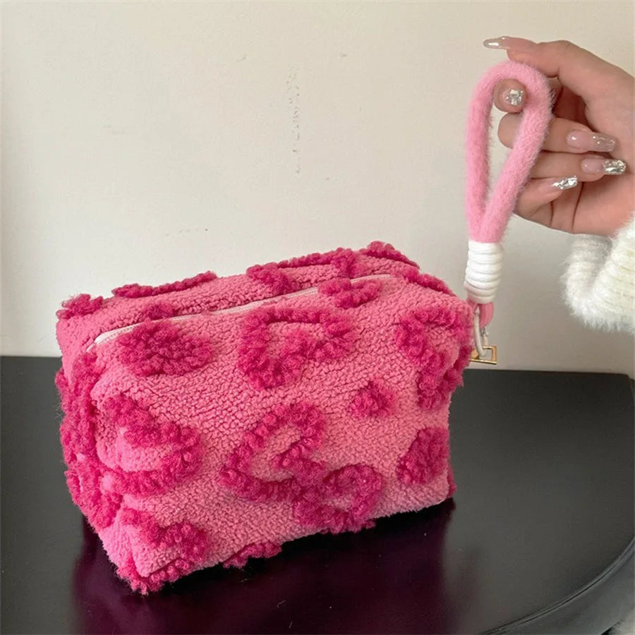 Trousse de maquillage en peluche avec poignée – Sac de rangement cosmétique de voyage, pochette mignonne à motif cœur
