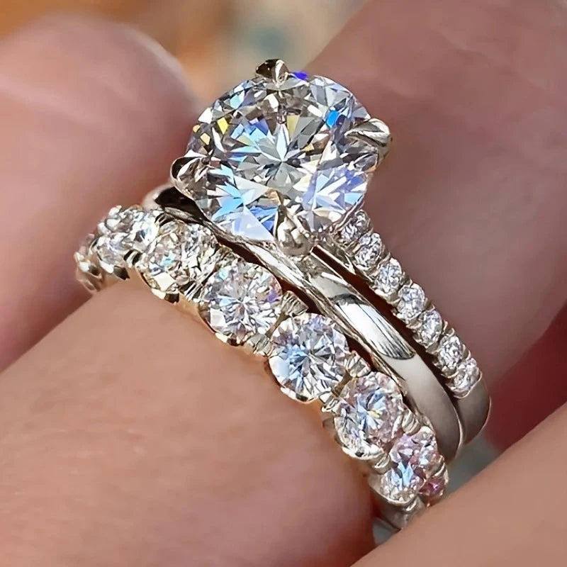 Ensemble 3 bagues femme Huitan – Zircone ronde brillante, couleur or, bijou mariage luxe