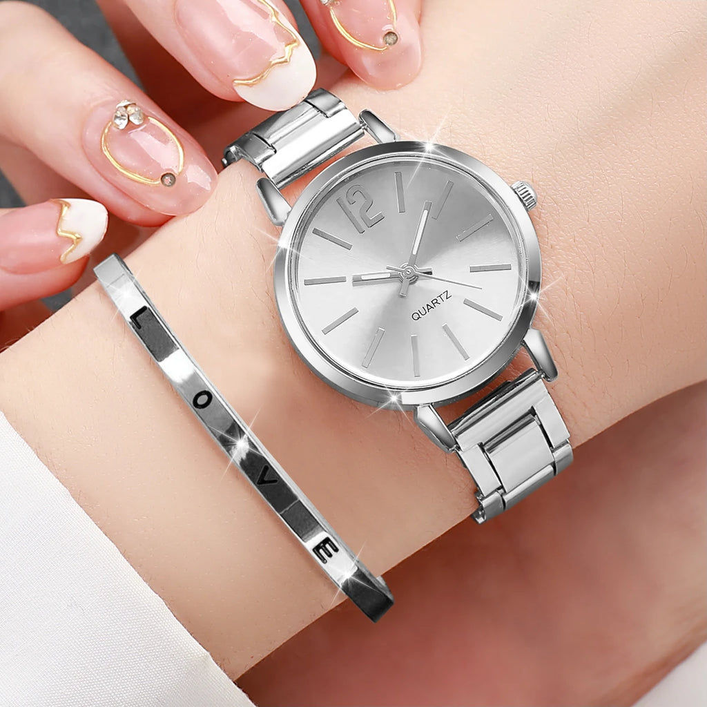 Ensemble montre femme dorée quartz – Montre bracelet en acier + manchette assortie