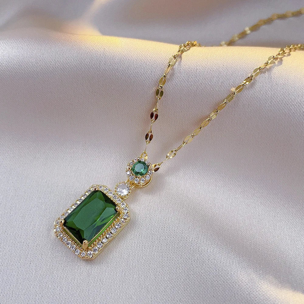 Ensemble bijoux 4 pièces strass carré – Collier, boucles d’oreilles et bague, cadeau mariée