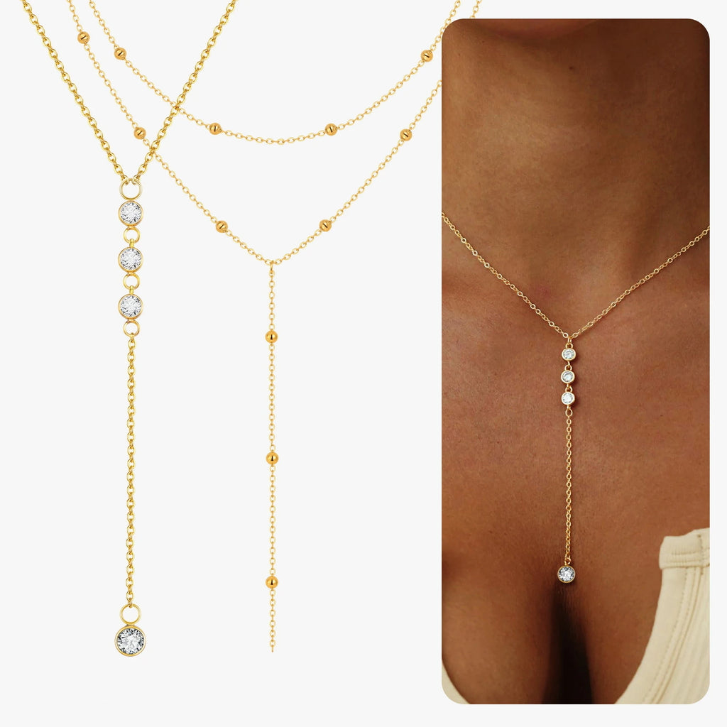 Collier lariat en acier inoxydable plaqué or – Pendentif goutte en Y