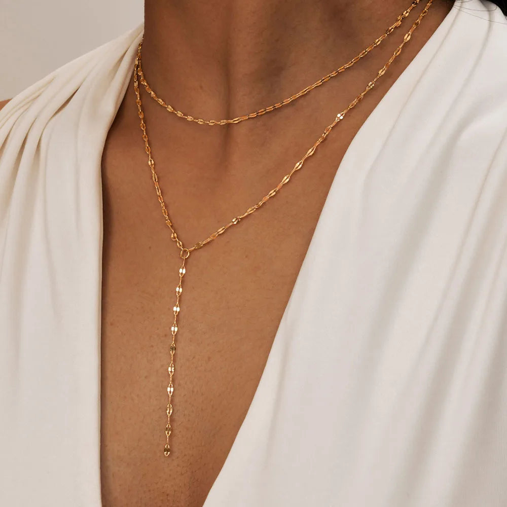 Collier lariat en acier inoxydable plaqué or – Pendentif goutte en Y