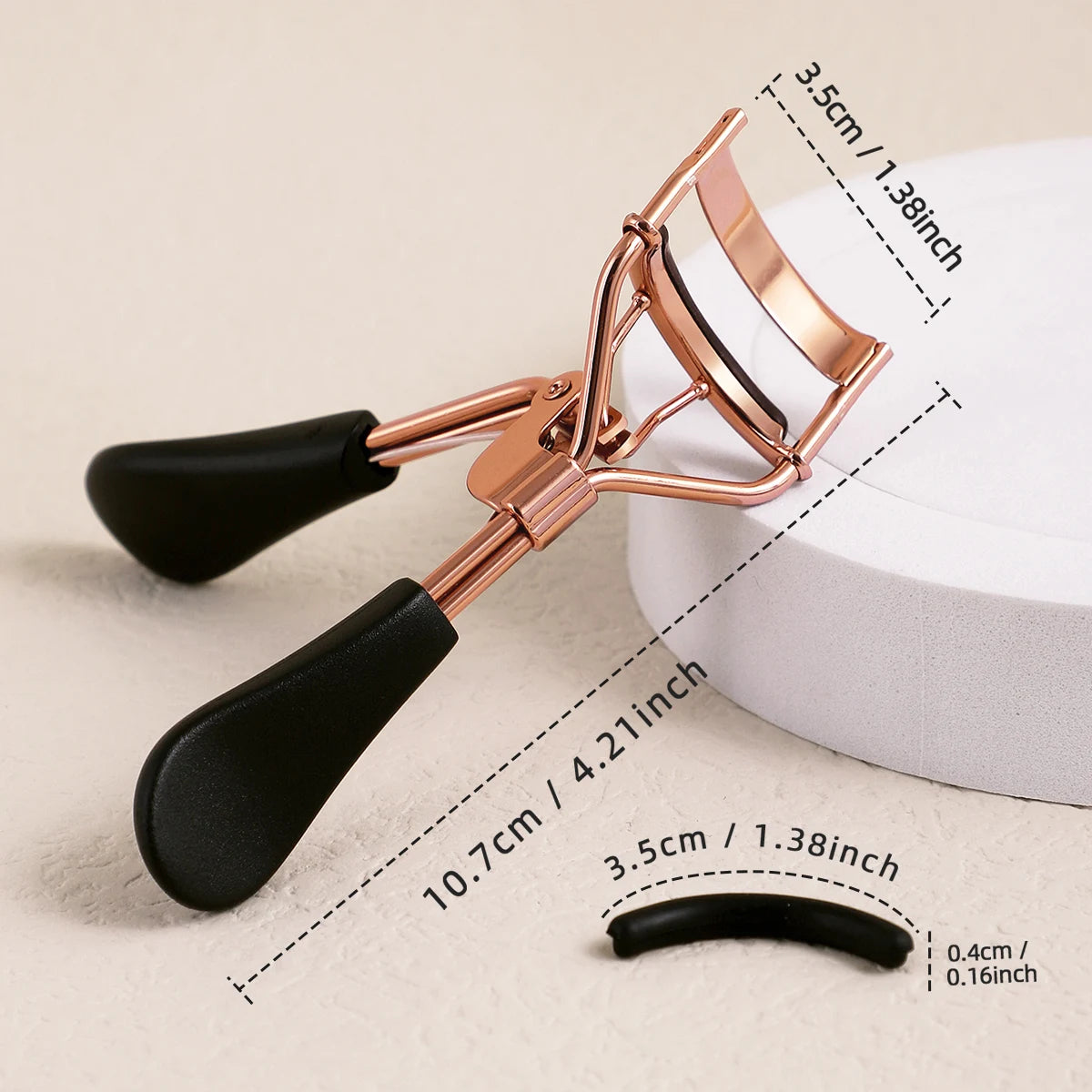 Recourbe-Cils Portable Acier Inoxydable - Set avec 15 Coussinets Silicone Extensions de Cils Noir & Or