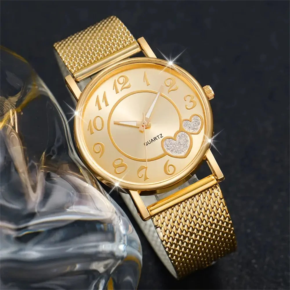 Ensemble montre femme cœur dorée quartz – Set 6 pièces