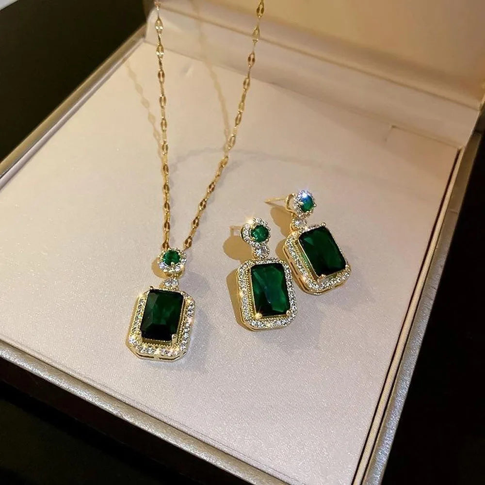 Ensemble bijoux 4 pièces strass carré – Collier, boucles d’oreilles et bague, cadeau mariée