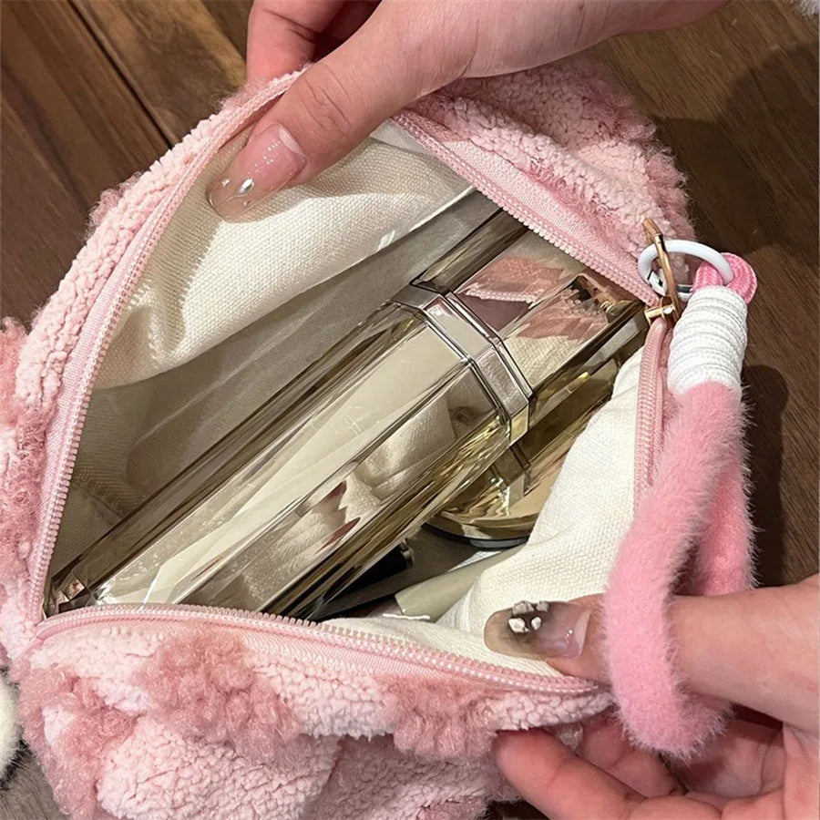 Trousse de maquillage en peluche avec poignée – Sac de rangement cosmétique de voyage, pochette mignonne à motif cœur