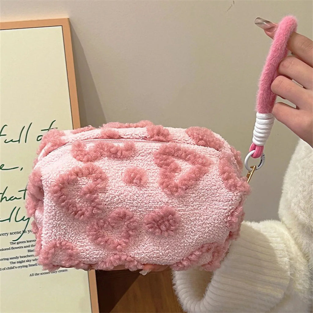 Trousse de maquillage en peluche avec poignée – Sac de rangement cosmétique de voyage, pochette mignonne à motif cœur