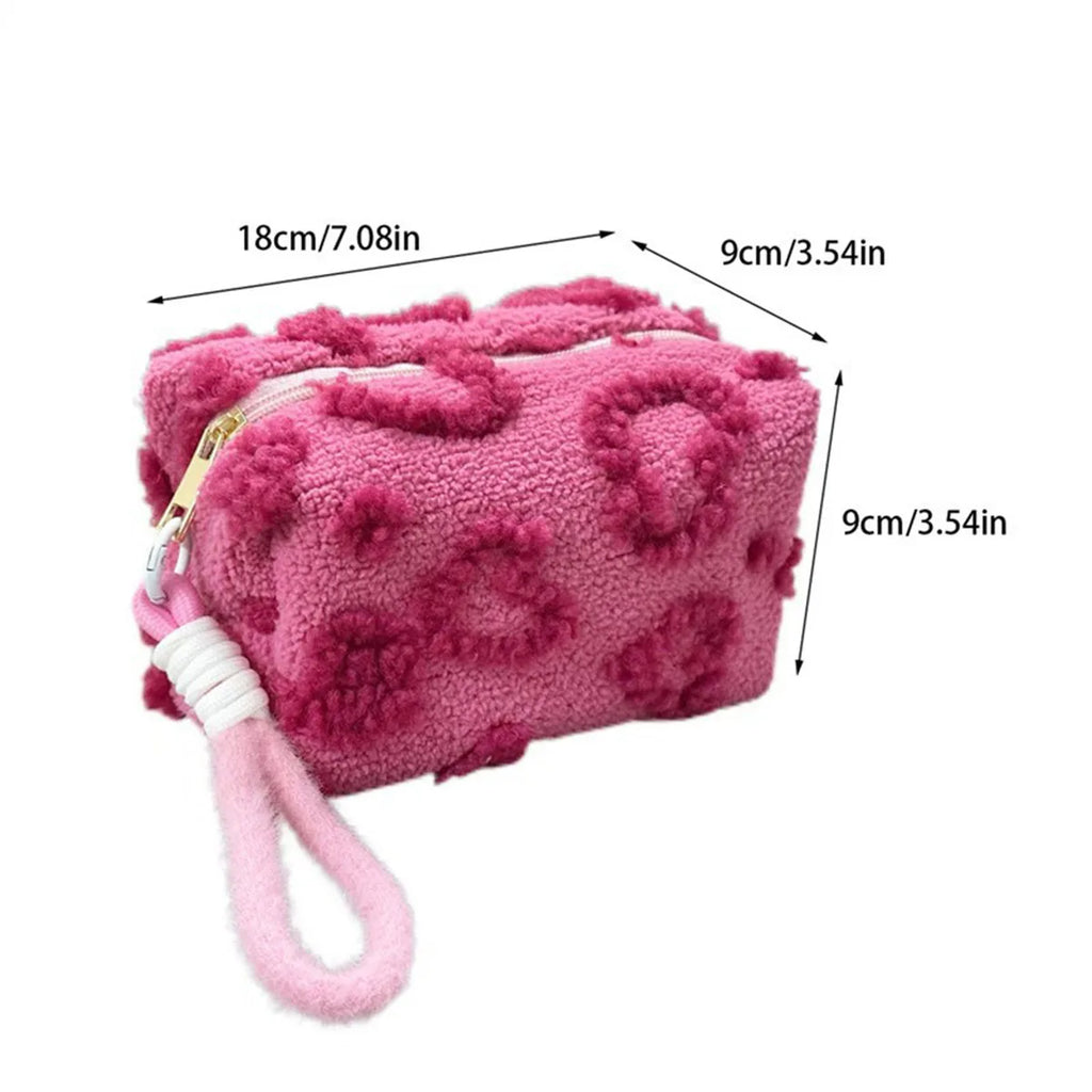 Trousse de maquillage en peluche avec poignée – Sac de rangement cosmétique de voyage, pochette mignonne à motif cœur