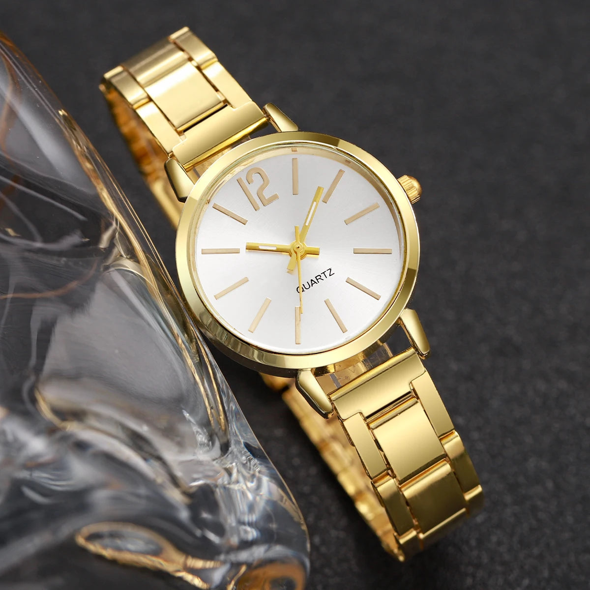 Ensemble montre femme dorée quartz – Montre bracelet en acier + manchette assortie