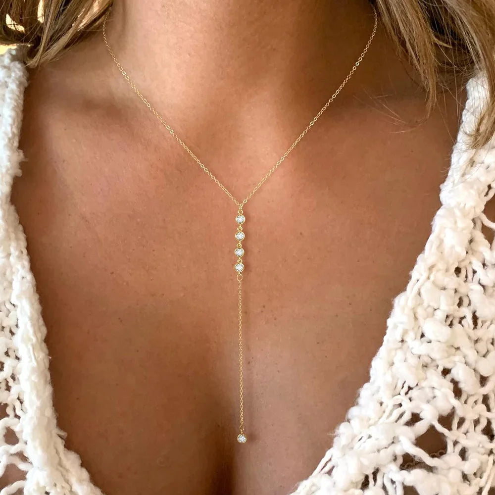 Collier lariat en acier inoxydable plaqué or – Pendentif goutte en Y