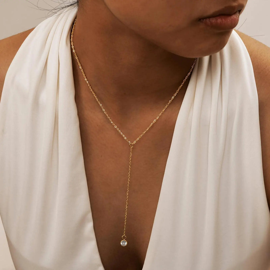 Collier lariat en acier inoxydable plaqué or – Pendentif goutte en Y
