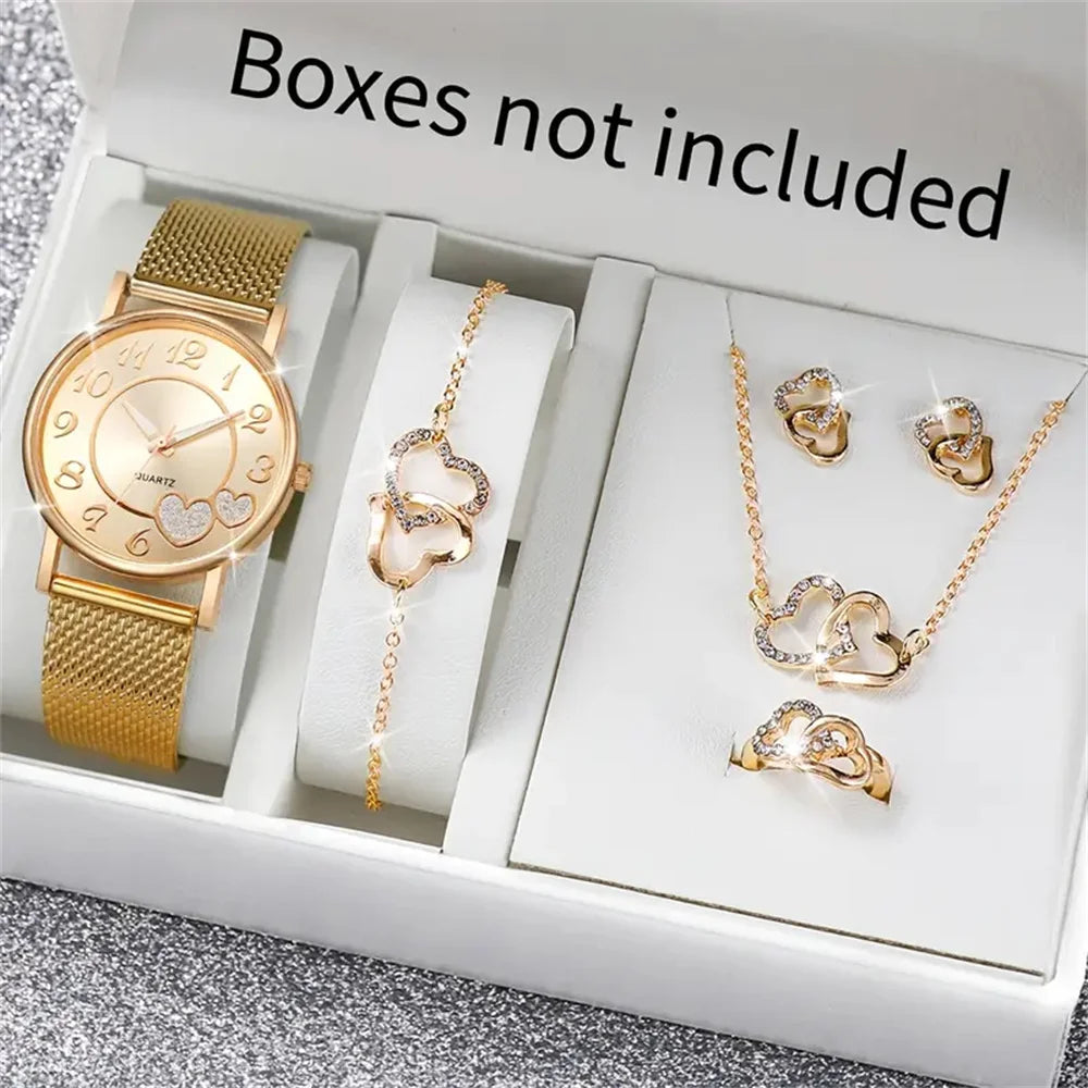 Ensemble montre femme cœur dorée quartz – Set 6 pièces